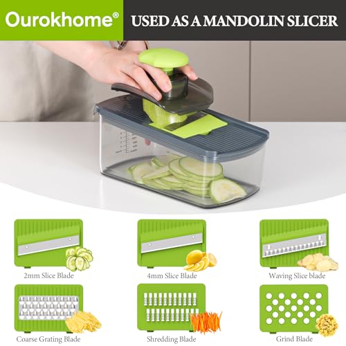 Ourokhome Mandolin Slicer with Handheld Spiralizer, Hand Safe Vegetable Shredder with 6 Mandoline Blades, Veggie Waffle Cutter for Potato, Carrot, Zucchini, Essential Kitchen Gadgets (10 in 1, Gray) - Image 2