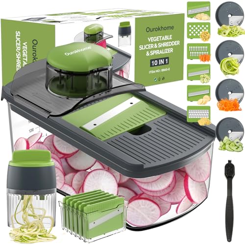 Ourokhome Mandolin Slicer with Handheld Spiralizer, Hand Safe Vegetable Shredder with 6 Mandoline Blades, Veggie Waffle Cutter for Potato, Carrot, Zucchini, Essential Kitchen Gadgets (10 in 1, Gray) - Image 1