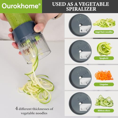 Ourokhome Mandolin Slicer with Handheld Spiralizer, Hand Safe Vegetable Shredder with 6 Mandoline Blades, Veggie Waffle Cutter for Potato, Carrot, Zucchini, Essential Kitchen Gadgets (10 in 1, Gray) - Image 3