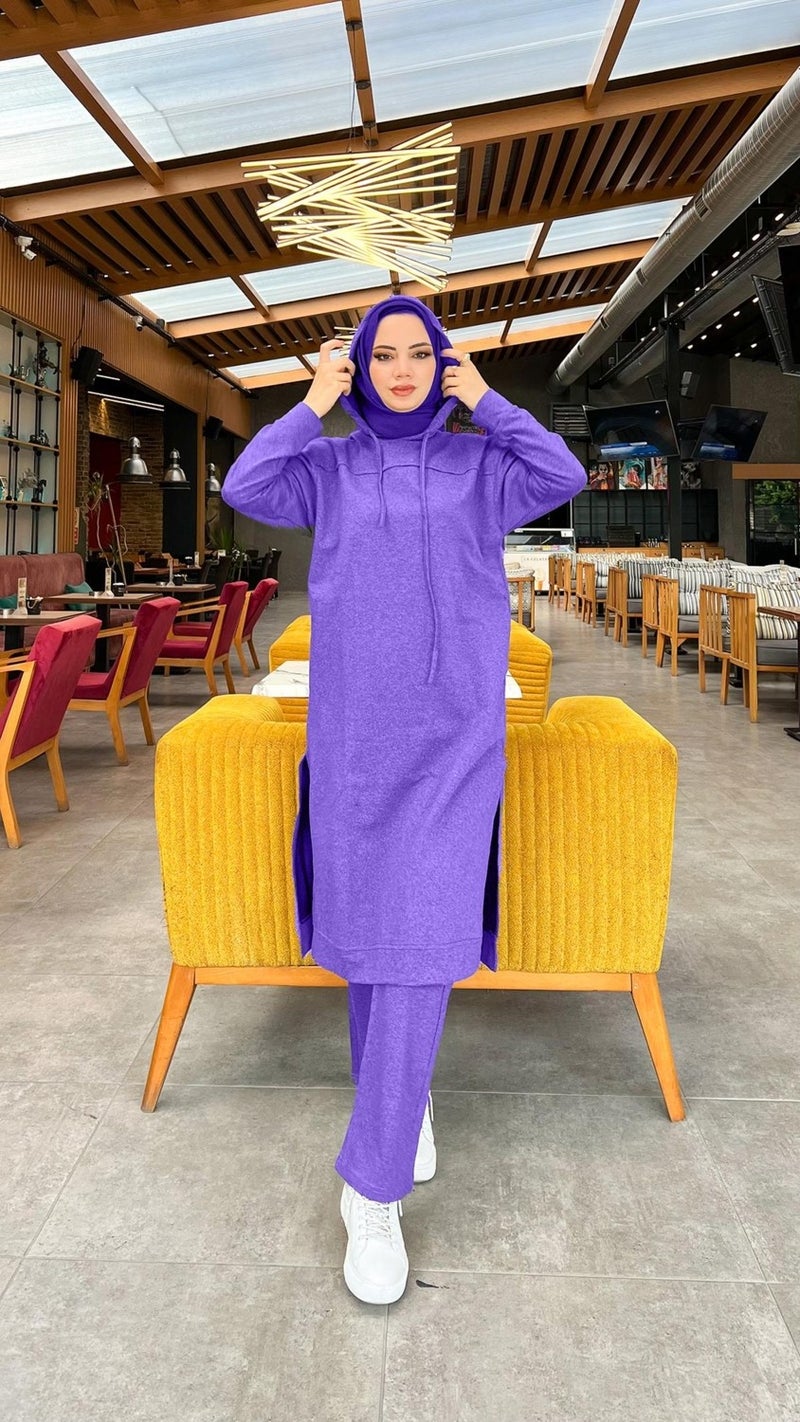 Bwest Long Tunic Hooded Side Slit Double Sports Suit - 3034 - Dark Lilac - Image 3