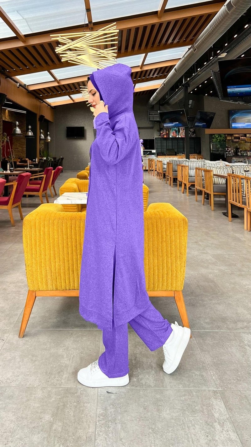 Bwest Long Tunic Hooded Side Slit Double Sports Suit - 3034 - Dark Lilac - Image 4