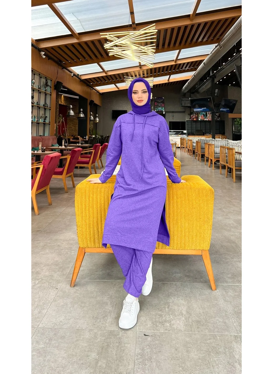 Bwest Long Tunic Hooded Side Slit Double Sports Suit - 3034 - Dark Lilac