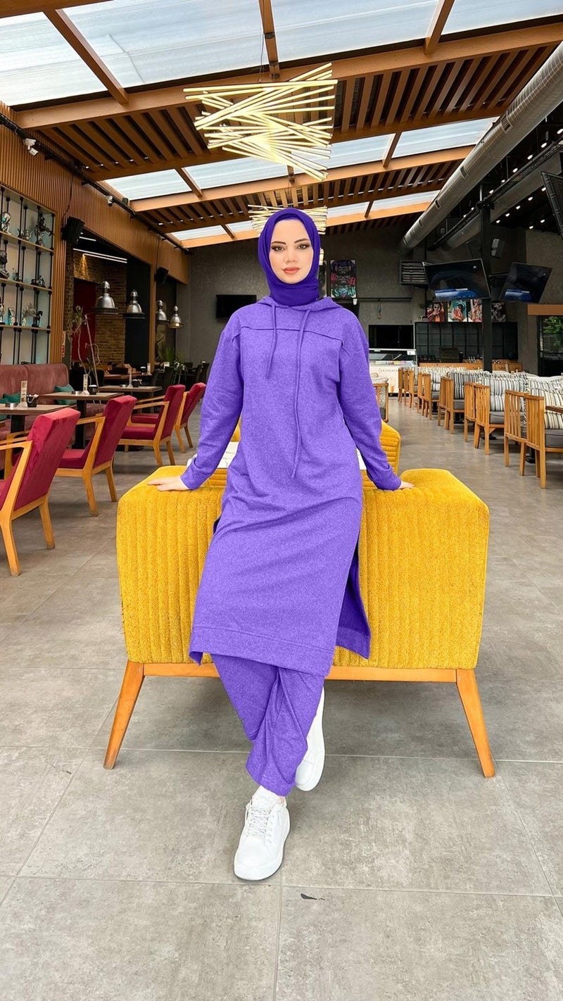 Bwest Long Tunic Hooded Side Slit Double Sports Suit - 3034 - Dark Lilac - Image 2