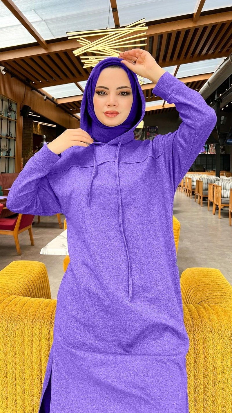 Bwest Long Tunic Hooded Side Slit Double Sports Suit - 3034 - Dark Lilac - Image 5