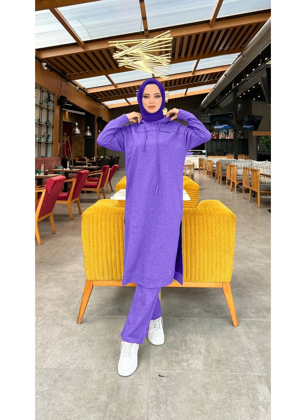 Bwest Long Tunic Hooded Side Slit Double Sports Suit - 3034 - Dark Lilac