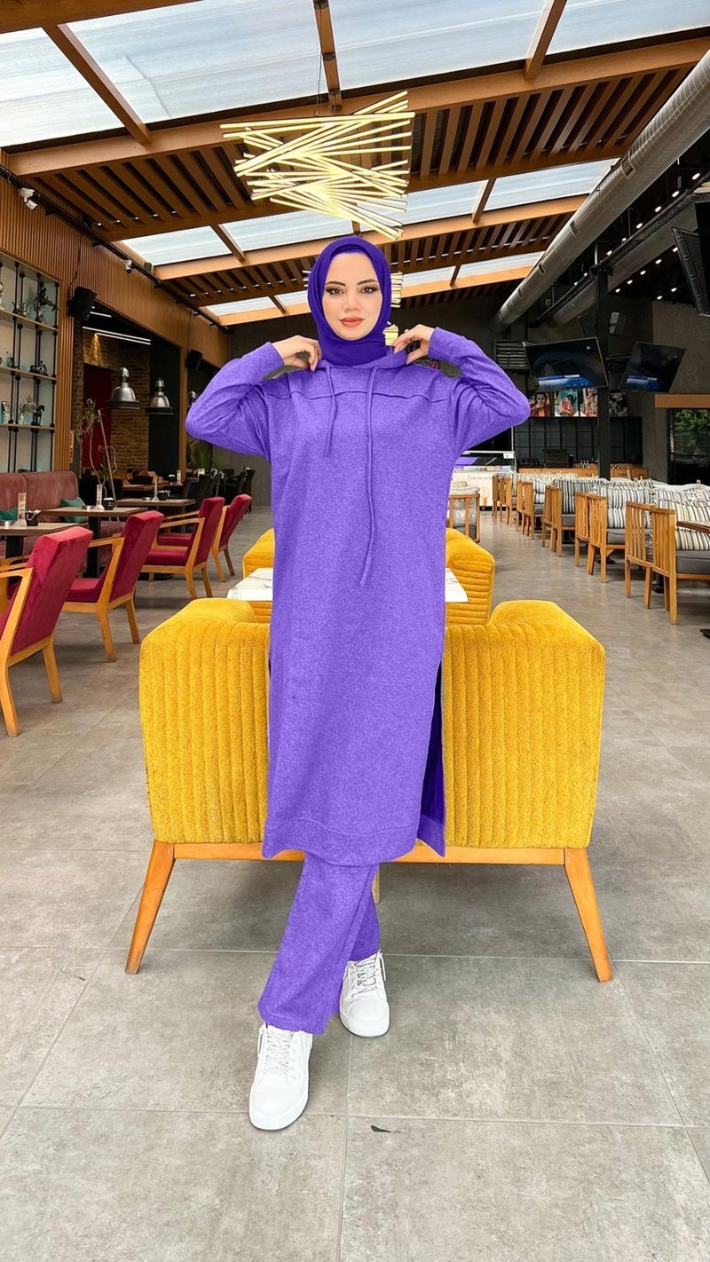 Bwest Long Tunic Hooded Side Slit Double Sports Suit - 3034 - Dark Lilac - Image 1