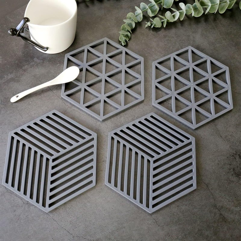 Potency Silicone Trivet Mats, Silicone Coasters Insulation Pad for Hot Pots, Pans, Dishes, Cups, Set of 4 (Grey, Line) - Image 2