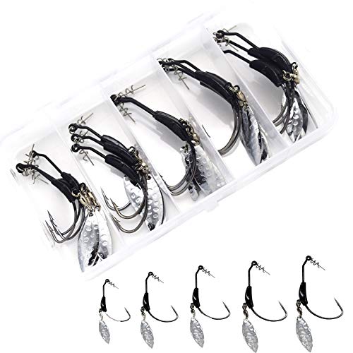 ANNIBBY 15pcs/Set Weighted Twistlock Hooks with Centering Pin,Silver/Gold Spin Saltwater Worm Hooks Size 0.07-0.25oz (Black Weight+Silver Spin) - Image 1