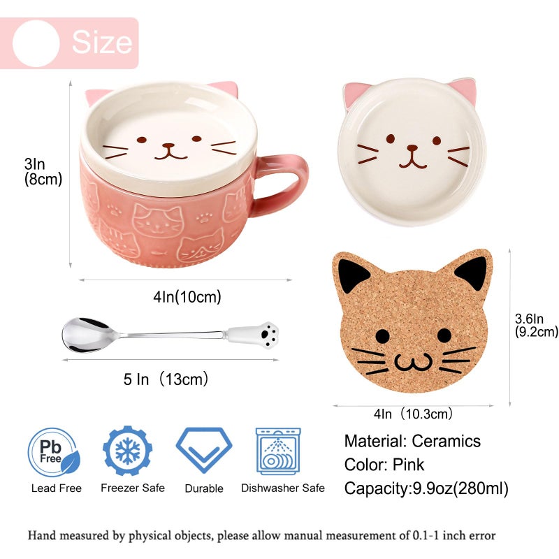BigNoseDeer Cute Cat Mug Kawaii Tea Cup Pink Ceramic Coffee Mug with Lid,Tea Cups and Saucers cute Cool Preppy Stuff Cute Gifts cat Gifts for Women Cat Lovers Christmas Gift 10oz - Image 4