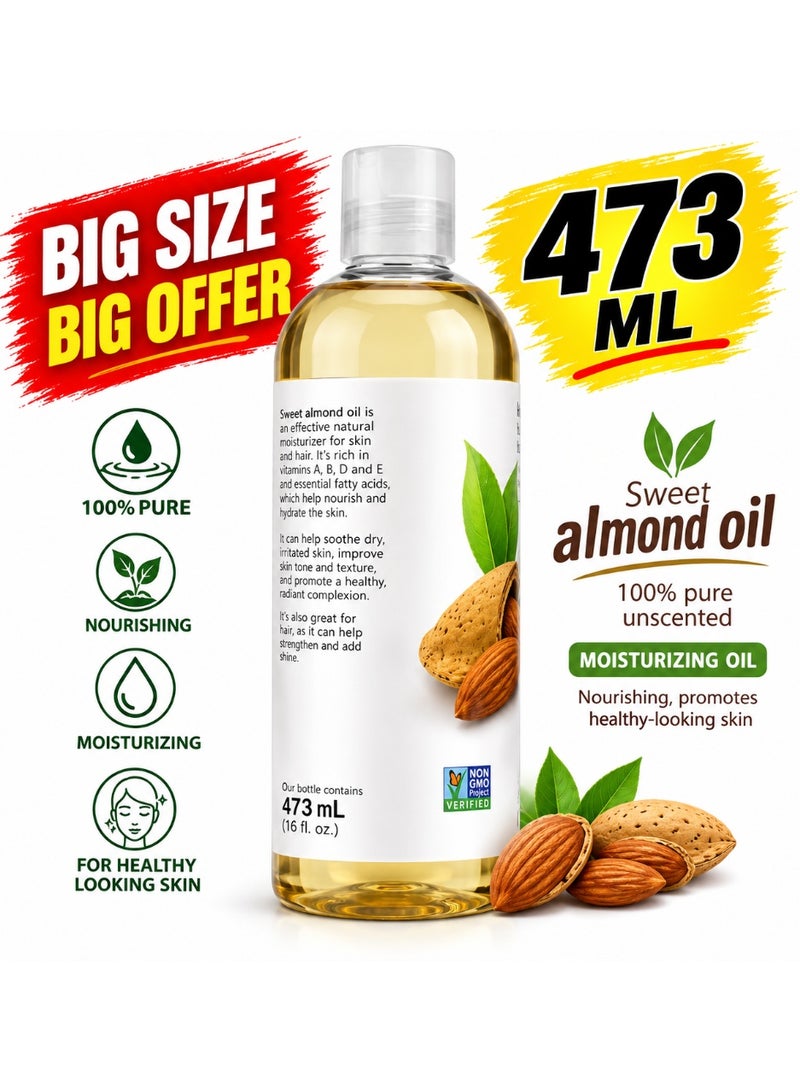NOW Solutions Sweet Almond Oil BIG SIZE  473ML Pure & Unscented, Moisturizing & Nourishing Oil for Skin & Hair - Image 2