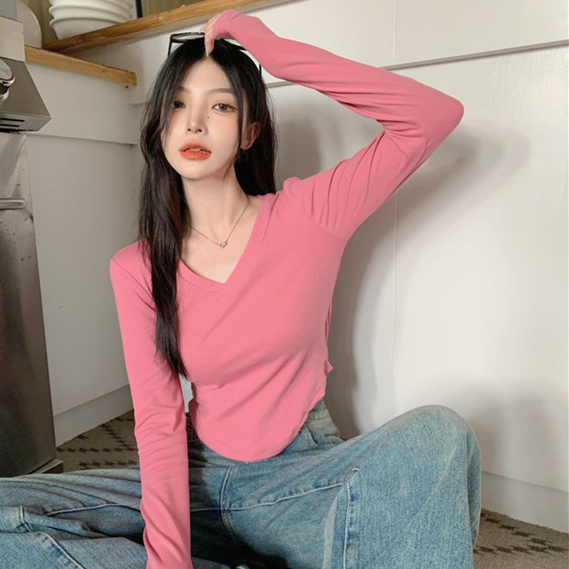 Pure Wants To Beware Clavicle V-Neck Long-Sleeved T-Shirt Base Shirt Women'S Korean Style Slim-Fit Inner Short T-Shirt Top - Image 3