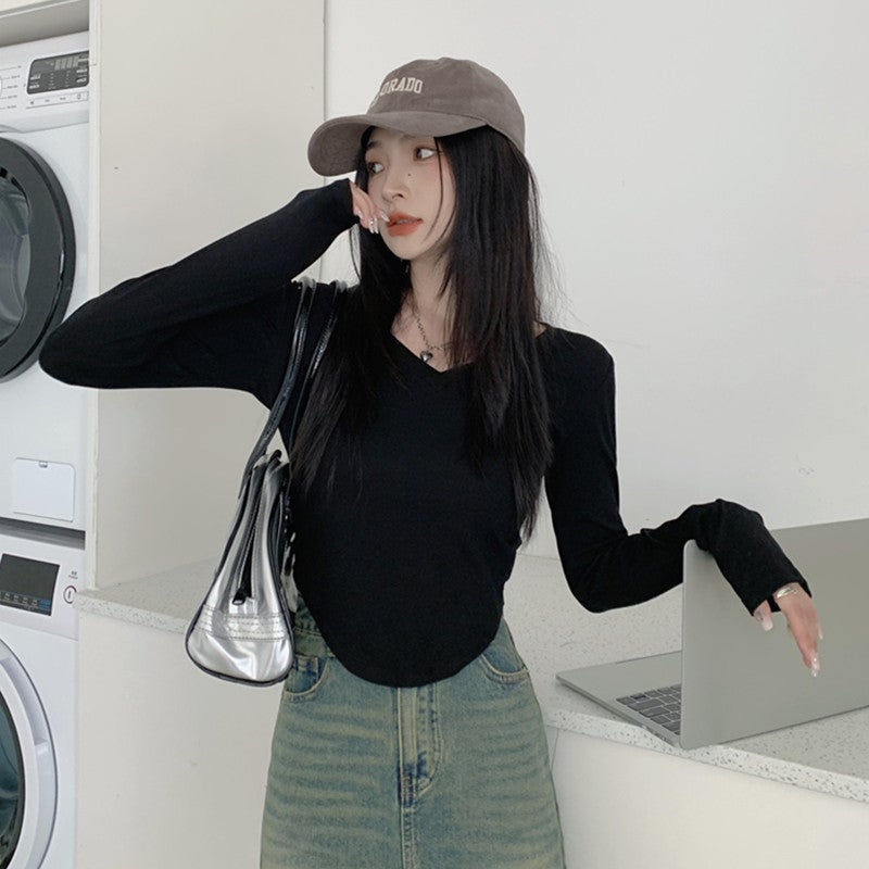 Pure Wants To Beware Clavicle V-Neck Long-Sleeved T-Shirt Base Shirt Women'S Korean Style Slim-Fit Inner Short T-Shirt Top - Image 5