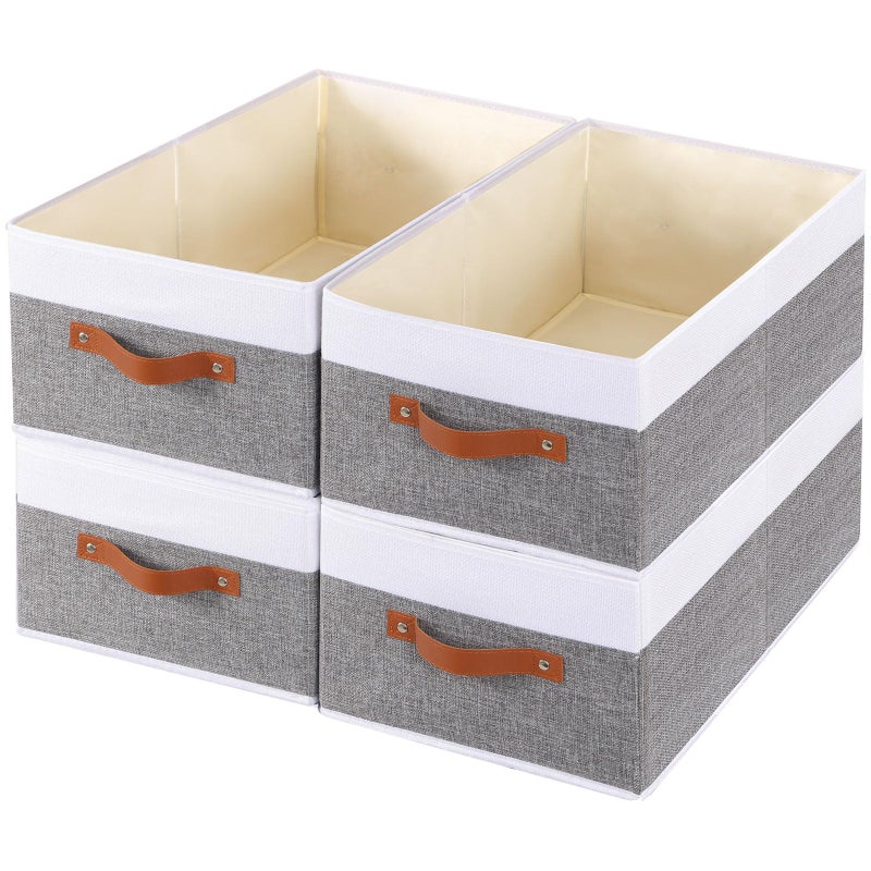 YheenLf Foldable Storage Bins 161  98  65 inch Closet Bin with Handles Fabric Clothes Boxes for Drawers Baskets for Organizing Shelves 4 Pack White and Grey