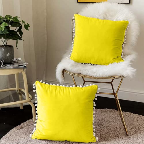 CottonFry Set of 2 Cushion Covers/Throw Pillow Covers Size 16"X16" Inches with Pom Poms, Soft Square Velvet Pillowcases Home Decor (LYellow, Pack of 2) - Image 1