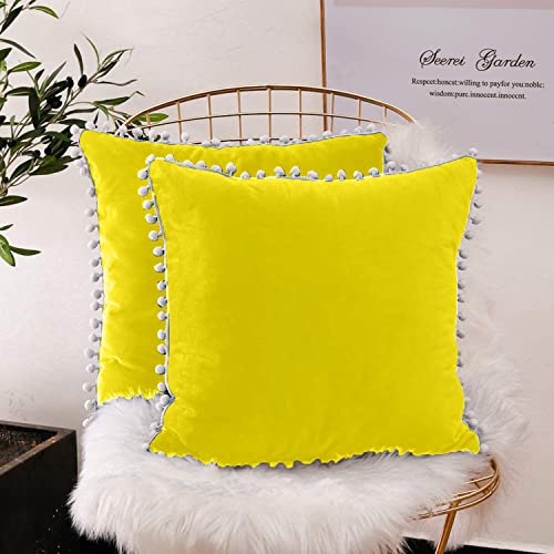 CottonFry Set of 2 Cushion Covers/Throw Pillow Covers Size 16"X16" Inches with Pom Poms, Soft Square Velvet Pillowcases Home Decor (LYellow, Pack of 2) - Image 3