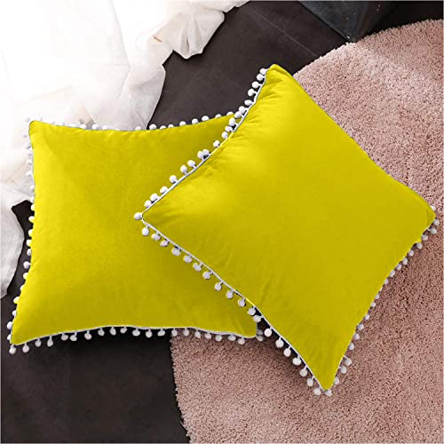CottonFry Set of 2 Cushion Covers/Throw Pillow Covers Size 16"X16" Inches with Pom Poms, Soft Square Velvet Pillowcases Home Decor (LYellow, Pack of 2) - Image 2