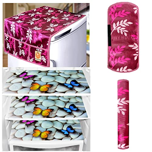 KANUSHI Industries® 1Pc Fridge Cover for Top with 6 Utility Pockets + 2 Handles Covers + 3 Fridge Mats (FRI-Wine-Small-Leave+2-Handle+M-27) - Image 1