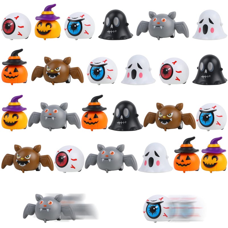 CCINEE 24PCS Halloween Pull Back Cars  Assorted Ghost Eyeball Bat Pumpkin Tiny Car Toys Halloween Friction Powered Racing Cars Vehicle Toy for Kids Halloween Bag Fillers Treats Prizes Party Favors - Image 1