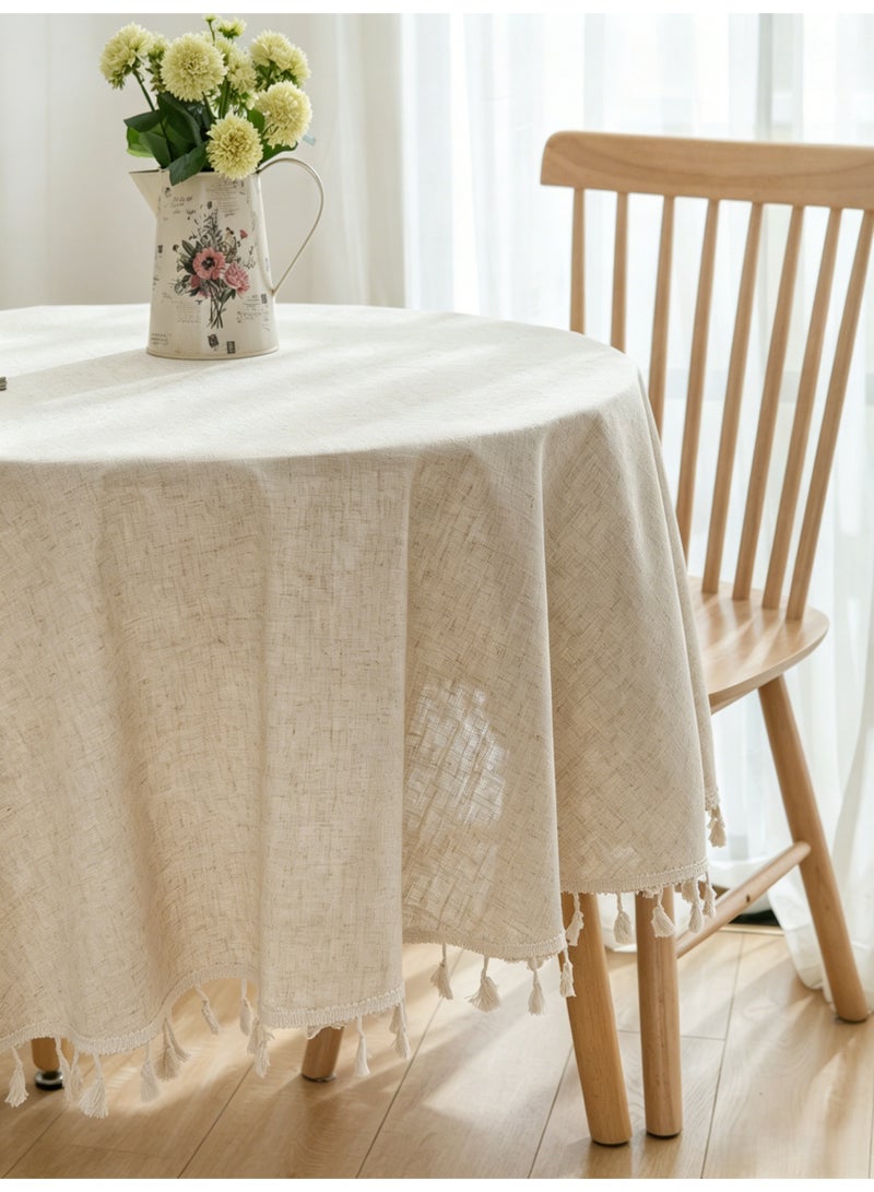 Harse Round Linen Look Tablecloth with Tassels, Washable Wrinkle Resistant Table Cover for Dining Table, Farmhouse Table Cloth for Kitchen, Party and Indoor Outdoor Use, 150X150CM - Image 2