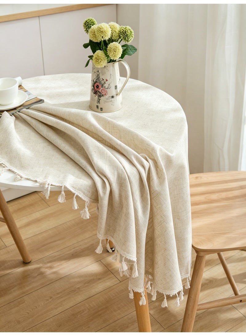 Harse Round Linen Look Tablecloth with Tassels, Washable Wrinkle Resistant Table Cover for Dining Table, Farmhouse Table Cloth for Kitchen, Party and Indoor Outdoor Use, 150X150CM - Image 4