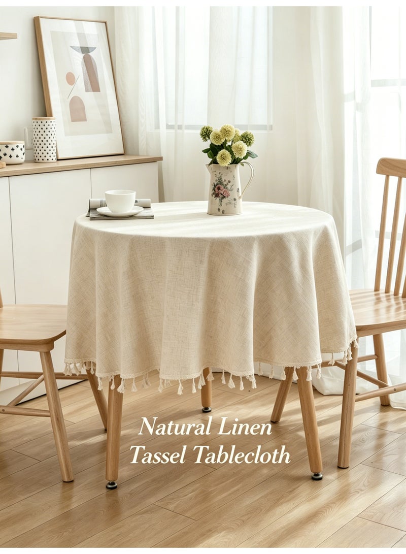 Harse Round Linen Look Tablecloth with Tassels, Washable Wrinkle Resistant Table Cover for Dining Table, Farmhouse Table Cloth for Kitchen, Party and Indoor Outdoor Use, 150X150CM - Image 1