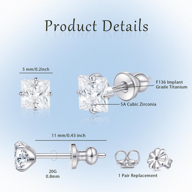 Limerencia G23 Pure Titanium Earrings F136 Implant Grade Titanium Studs 20G Hypoallergenic Round Cubic Zirconia/Princess-Cut/Square/Ball Earrings for Women Men Sensitive Ears(5mm Square CZ) - Image 3