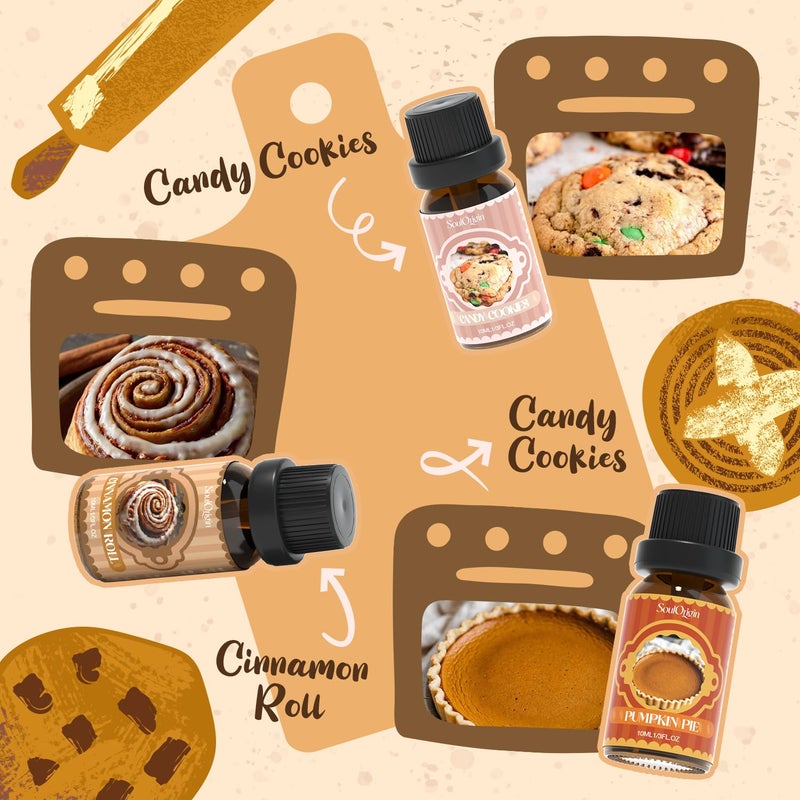 Soulorigin Bakery Essential Oils Set, Fragrance Oil Set for Diffuser, Scent Diffuser Oil for Candle Making- Chocolate Cookies, Creamy Vanilla, Coffee Cake, Pumpkin Pie, Candy Cookies, Cinnamon Rolls - Image 3