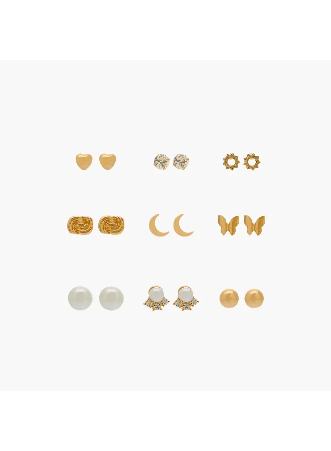 لايف ستايل Pack of 9 Gold Tone Stud Earrings with Pushback Closure