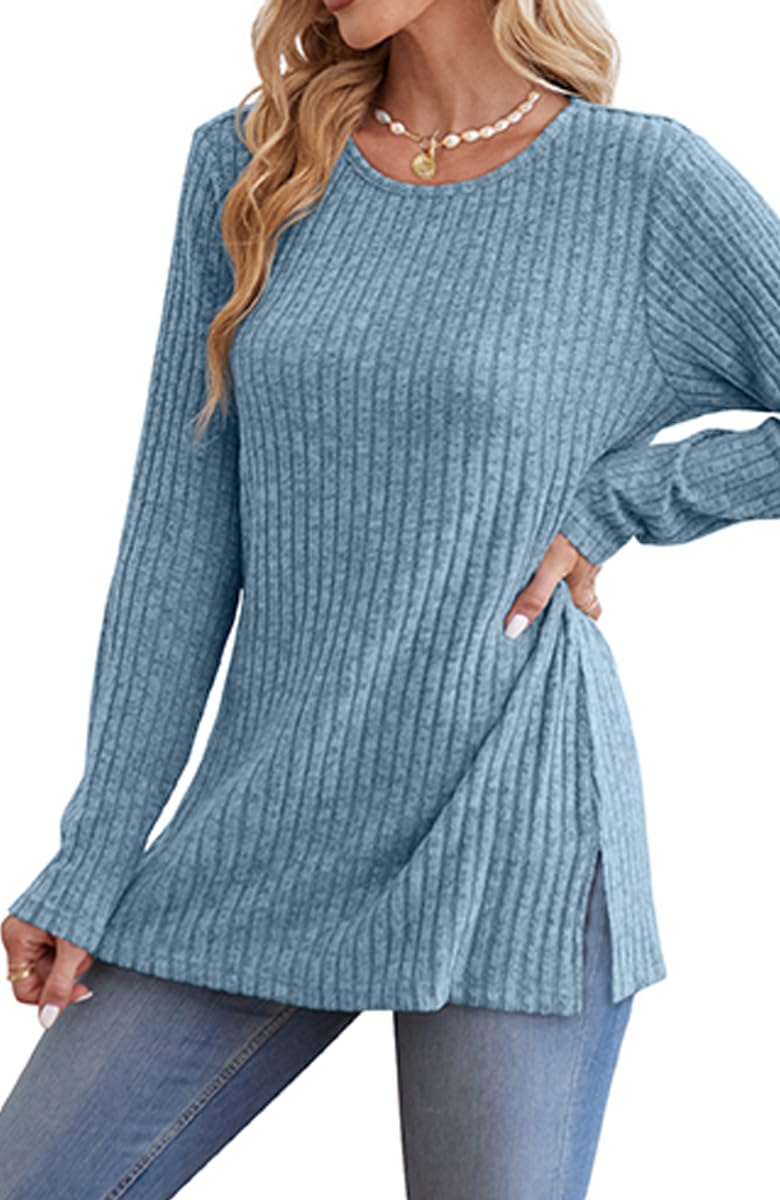 Jescakoo Plus Size Tops for Women Long Slleve Shirts Fall Outfits 2025 Tunic Tops to Wear with Leggings Loose Fit Dressy Pullover Crewneck Sweaters Winter Clothes Blue 4XL - Image 2