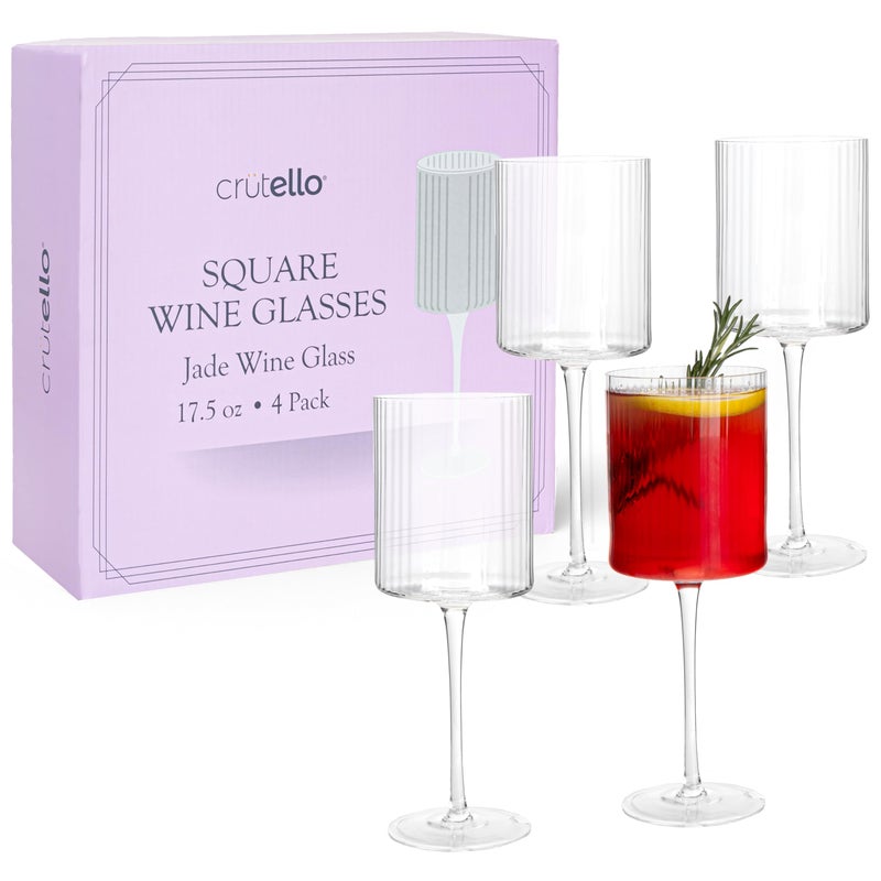 Crutello Square Wine Glasses Set of 4175 oz Unique Fluted Vintage Glasses with Ribbed Texture and Long Stem Large Modern Red or Fancy White Wine Glass Set All Purpose
