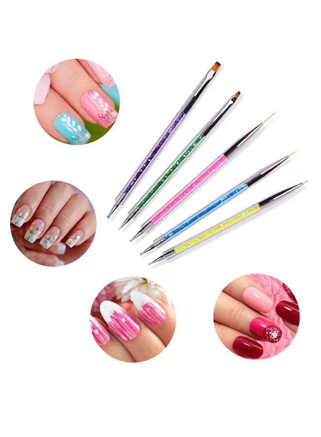 GUSGU Double Ended Nail Art Brushes, 5 Pieces Nail Art Point Drill Drawing Brush Pen Manicure Care Tool Nail Brushes Double Ended Dotting Tools Set Nail Art Liner Brush for Home DIY and Salon with Shiny Handles Random color  - Image 1