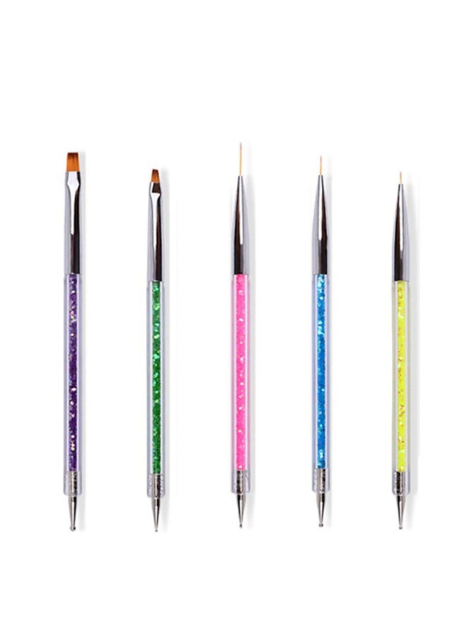 GUSGU Double Ended Nail Art Brushes, 5 Pieces Nail Art Point Drill Drawing Brush Pen Manicure Care Tool Nail Brushes Double Ended Dotting Tools Set Nail Art Liner Brush for Home DIY and Salon with Shiny Handles Random color  - Image 4