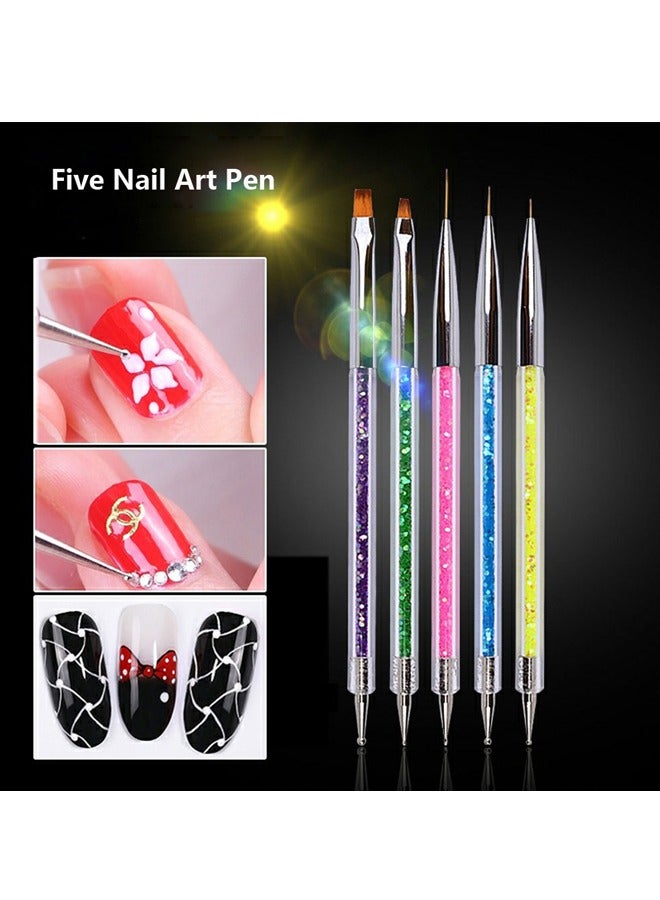 GUSGU Double Ended Nail Art Brushes, 5 Pieces Nail Art Point Drill Drawing Brush Pen Manicure Care Tool Nail Brushes Double Ended Dotting Tools Set Nail Art Liner Brush for Home DIY and Salon with Shiny Handles Random color  - Image 5