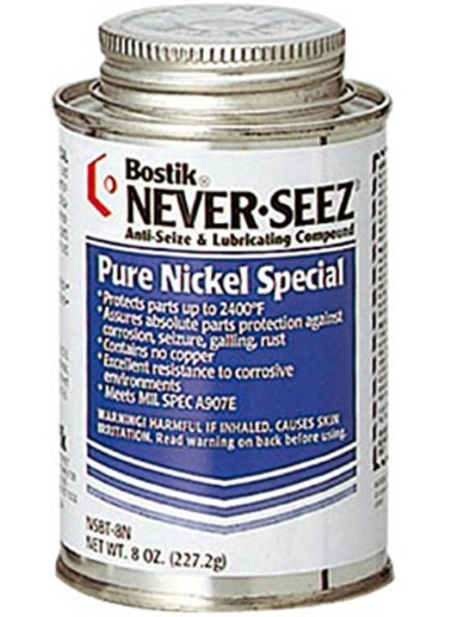 Never-Seez NSBT-8N Silver Pure Nickel Special Anti-Seize Compound, -297 Degree F Lower Temperature Rating to 2400 Degree F Upper Temperature Rating, 8 fl. oz. Brush Top Can