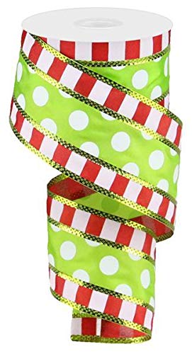 Polka Dots with Stripes Wired Edge Ribbon 10 Yards Hot Pink White Lime Turquoise 25