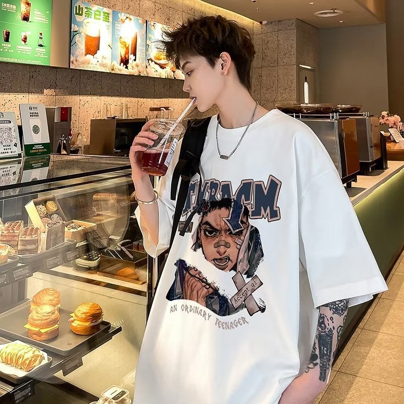 Short-sleeved T-shirt Men's Summer European and American High Street Trendy Brand Trendy Heavy Cotton Hip-hop Loose Casual Half-sleeved T-shirt - Image 3