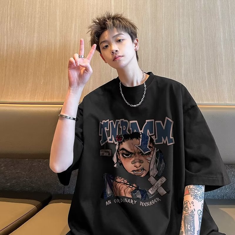 Short-sleeved T-shirt Men's Summer European and American High Street Trendy Brand Trendy Heavy Cotton Hip-hop Loose Casual Half-sleeved T-shirt - Image 5