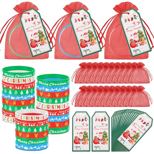 Liliful 72 Pcs Christmas Gifts 24 Set Christmas Students Gifts Xmas Silicone Wristbands with Gift Label Tags and Organza Bags for Kids Stocking Stuffers Classroom Gift Party FavorsMerry Style - Image 1