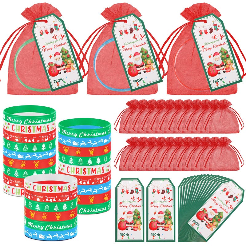 Liliful 72 Pcs Christmas Gifts 24 Set Christmas Students Gifts Xmas Silicone Wristbands with Gift Label Tags and Organza Bags for Kids Stocking Stuffers Classroom Gift Party FavorsMerry Style - Image 2
