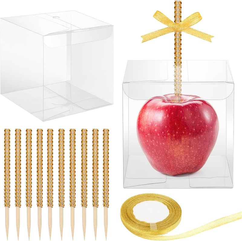Anglekai 10+10 Candy Apple Kits, AngleKai 10Pcs Bling Candy Apple Sticks/ 10Pcs Candy Apple Boxes/ 25 Yard Ribbon, Rhinestone Caramel Apple Sticks Clear Candy Apple Boxes with Hole(Gold) - Image 1