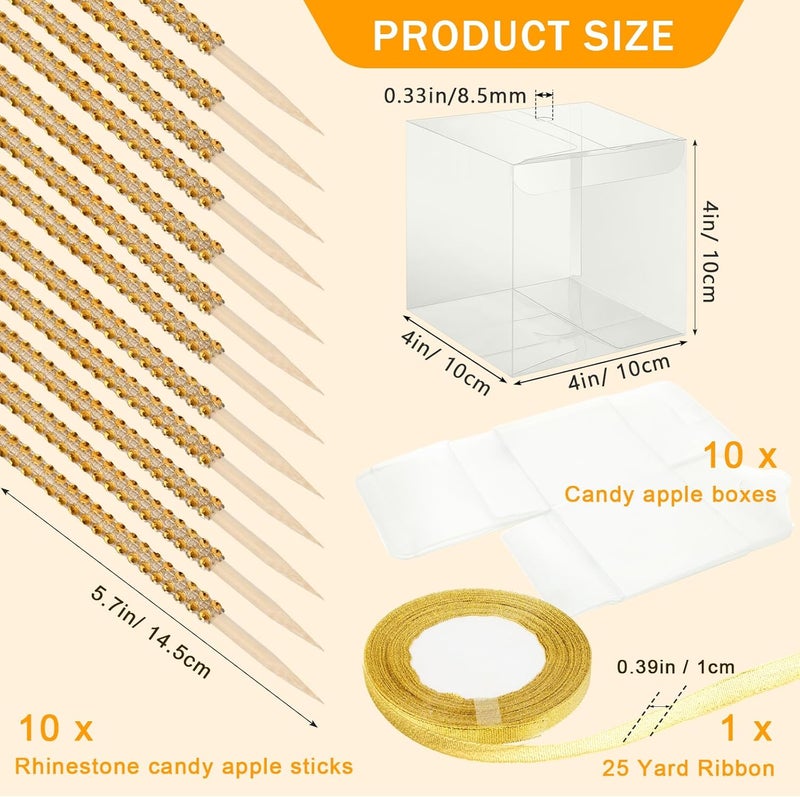 Anglekai 10+10 Candy Apple Kits, AngleKai 10Pcs Bling Candy Apple Sticks/ 10Pcs Candy Apple Boxes/ 25 Yard Ribbon, Rhinestone Caramel Apple Sticks Clear Candy Apple Boxes with Hole(Gold) - Image 2