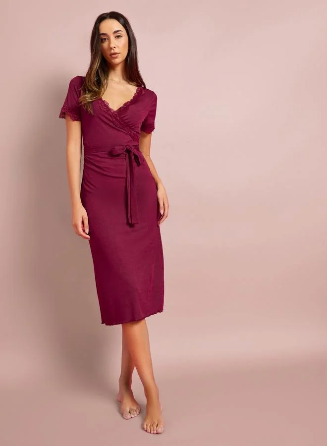 ستايلي Burgundy Rib Wrap Over Lace Detail Nightdress