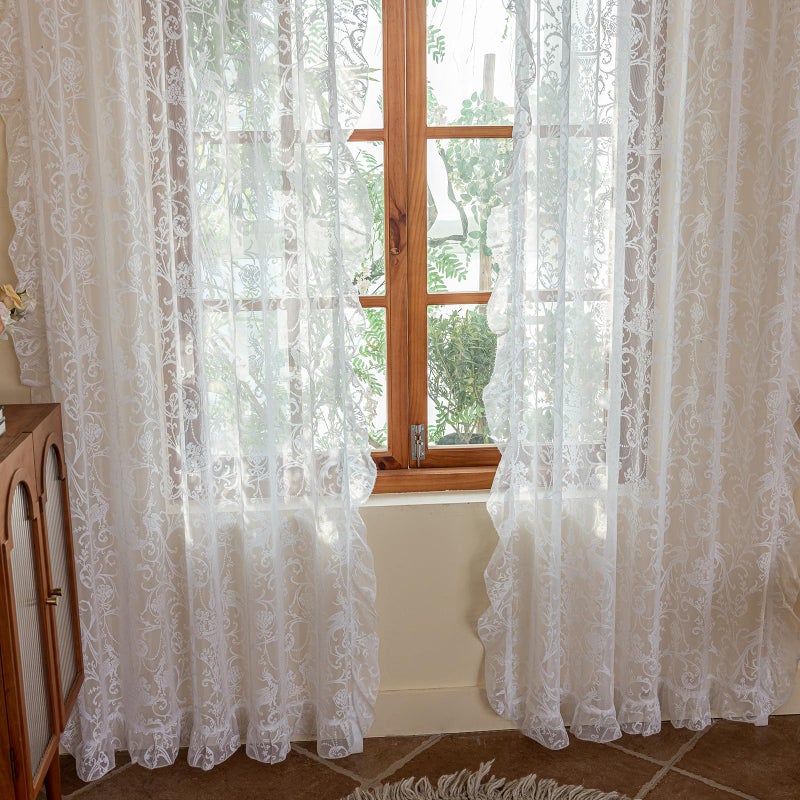 TUDECO White Lace Curtains 84 Inches Long - Vintage Knitted Lace Sheer Curtains for Living Room Victorian Flower Frilly Light Filtering Privacy Frilly Window Treatment 2 Panels, 59 x 84 Inch - Image 4
