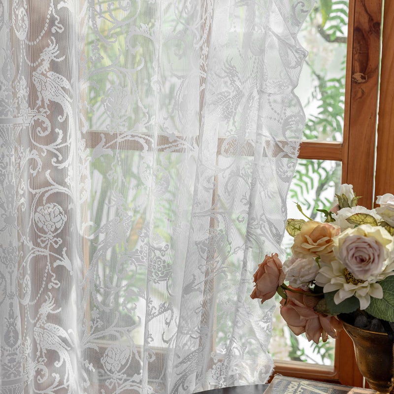 TUDECO White Lace Curtains 84 Inches Long - Vintage Knitted Lace Sheer Curtains for Living Room Victorian Flower Frilly Light Filtering Privacy Frilly Window Treatment 2 Panels, 59 x 84 Inch - Image 1
