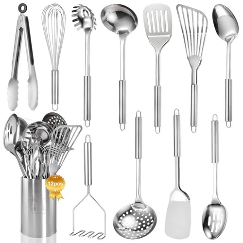 Stainless Steel Kitchen Utensils Set 12pcs Cooking Utensils Set with Holder Heat Resistant Kitchen Tool Set for Cooking with Turners Potato Masher Spatula Spoons Tongs Whisk