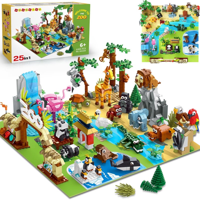 HOGOKIDS 25 Animals Zoo Building Set with Play Mat - 8 Pack Zoo Scene modules Blocks Toy for Easter Valentines Day Party Favors Classroom Prizes Fillers Birthday Gifts for Kids Boys Girls 6+ (1460PCS) - Image 1