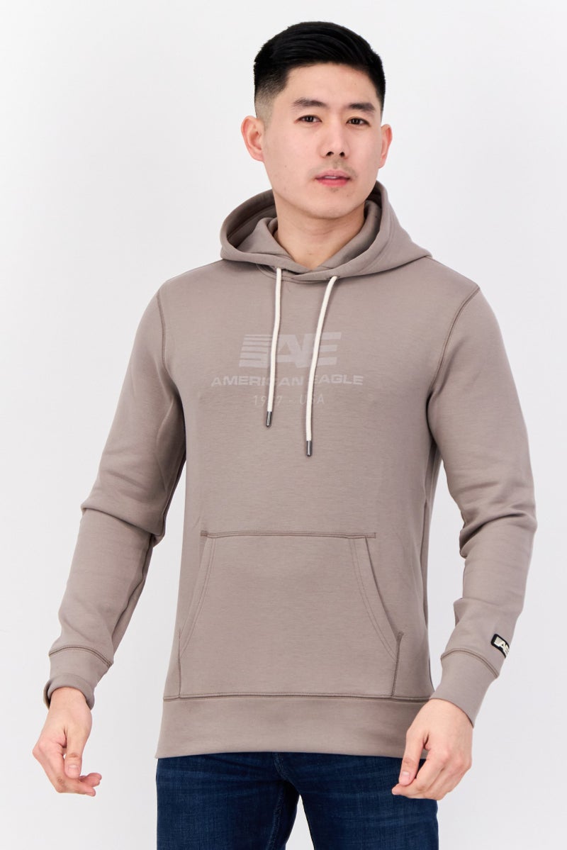 American Eagle Men Graphic Print Long Sleeve Hoodie, Taupe - Image 1