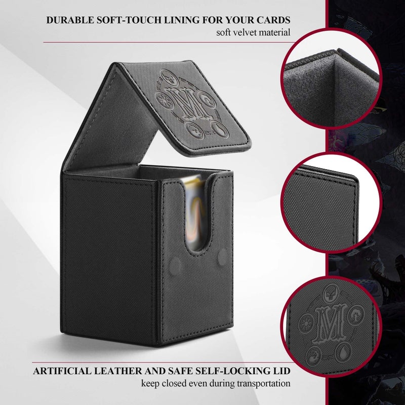 TCGUARD Card Deck Box for MTG Card Storage Box Holds 100 Plus Single Sleeved Cards, Microfiber Lining and Leather Card Box Compatible with Trading Card Games TCG, Yugioh Cards, etc.(Vertical-Black) - Image 2