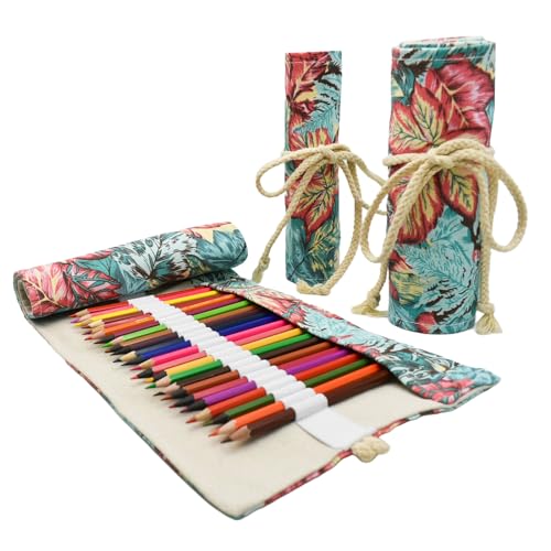 Lopenle Maple Leaf Colored Canvas Pencil Case Roll Wrap Roll Up Holders Pencil Organizers for Artist Adult Coloring Travel Storage With 24 SlotsTree Leaves - Image 1