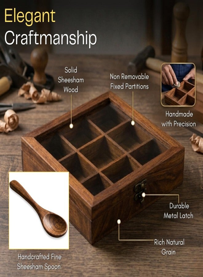 Ssanvi Sheesham Wooden Spice Box with Spoon (Non Removable Partitions, 50 ml, Brown) |Spice Box Wooden Namak Dani for Kitchen Wood Masala Box for Kitchen Wooden Masala Dabba Dani Container - Image 1